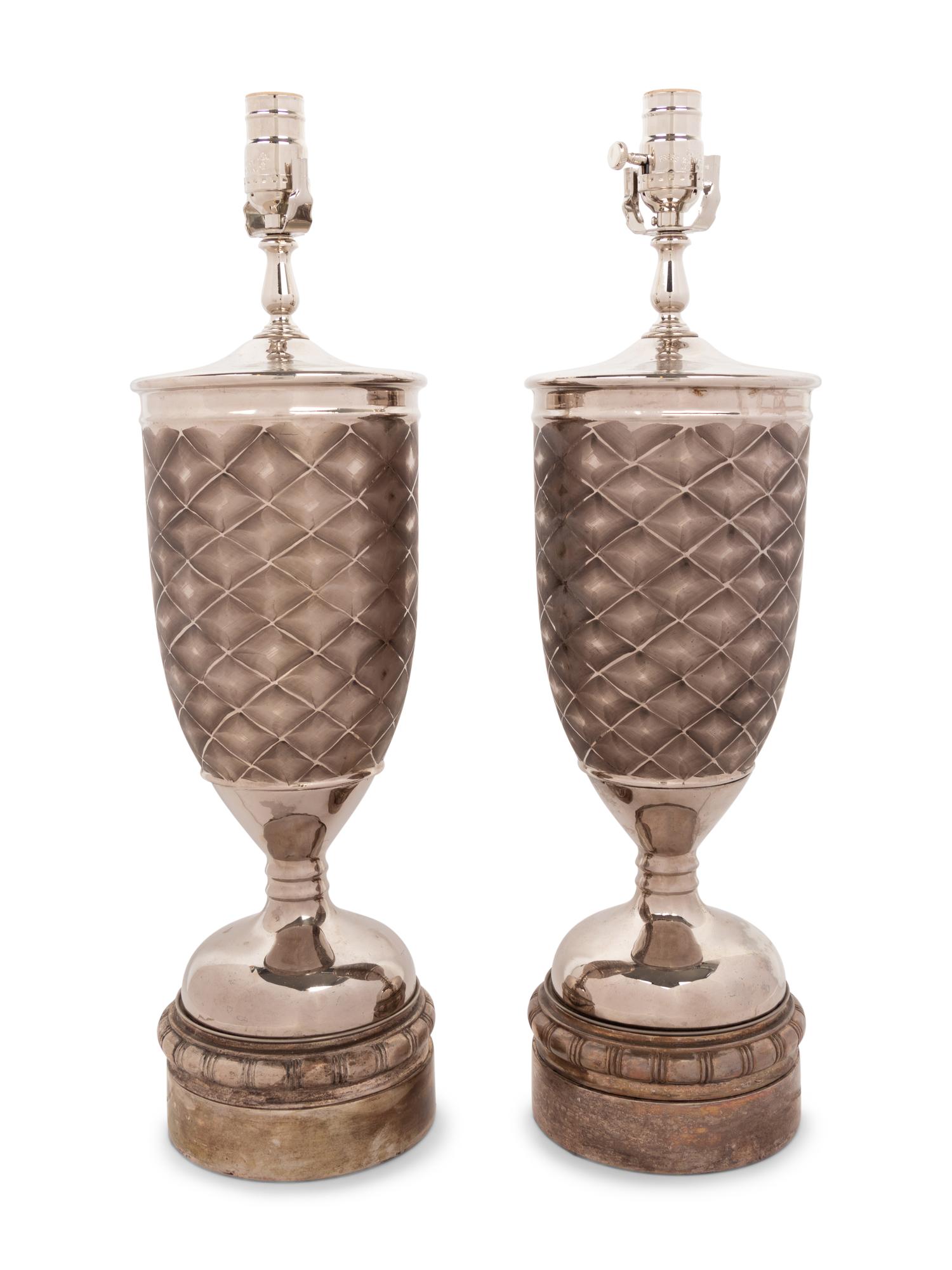 A Pair of Silvered Metal Mounted Pottery Vases Mounted as Lamps