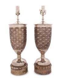 A Pair of Silvered Metal Mounted Pottery Vases Mounted as Lamps