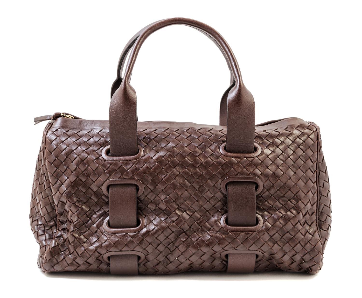 A Bottega Veneta Chocolate Intrecciato Small Duffle Bag, 14" x 9" x 7"; Handle Drop: 6".