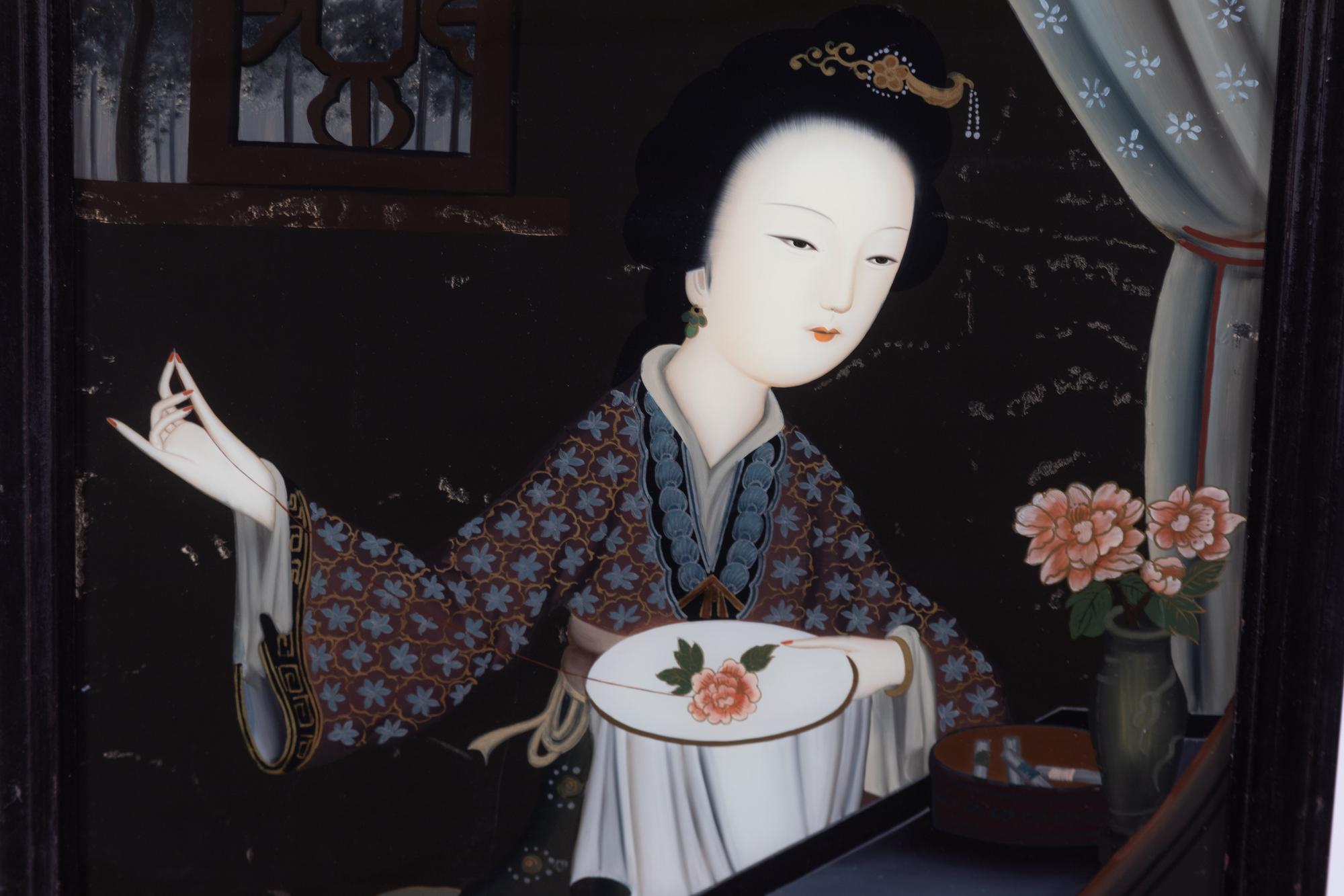 A Pair of Chinese Reverse Painted Glass Pictures