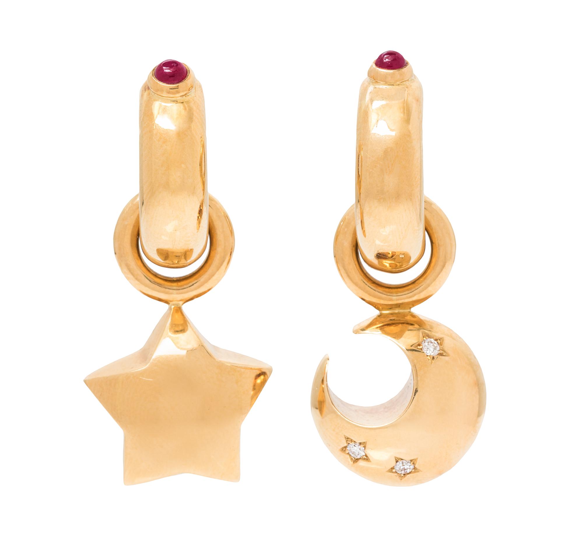 A Pair of 18 Karat Yellow Gold, Ruby and Diamond Convertible Earrings, Wempe, 17.40 dwts.