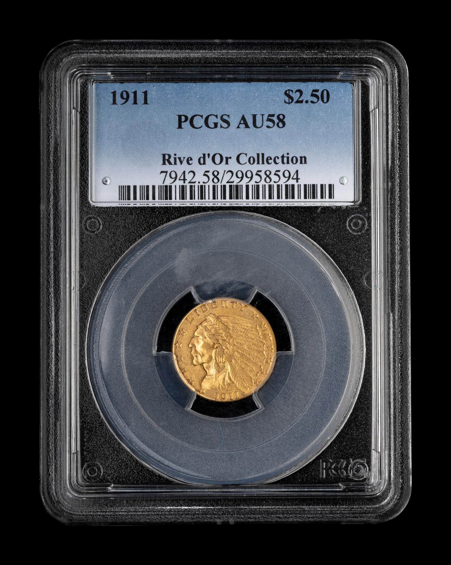 A 1911 Indian Head $2.50 Gold Coin (PCGS AU58)