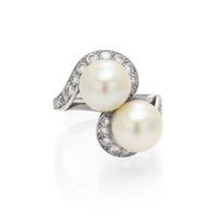 A Platinum, Cultured Pearl and Diamond Toi et Moi Ring, French, 4.90 dwts.