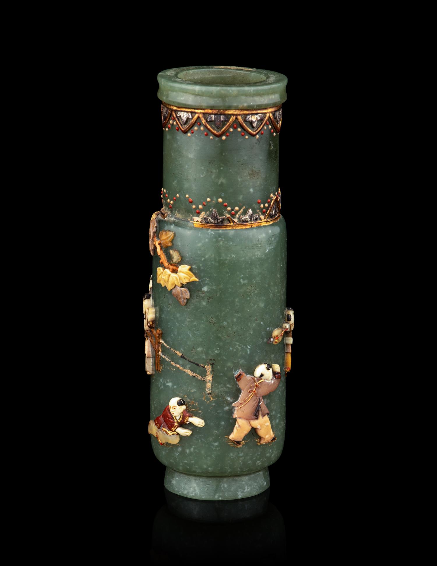 A Hardstone Embellished Spinach Jade Incense Vase