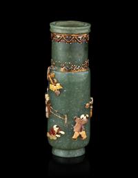 A Hardstone Embellished Spinach Jade Incense Vase