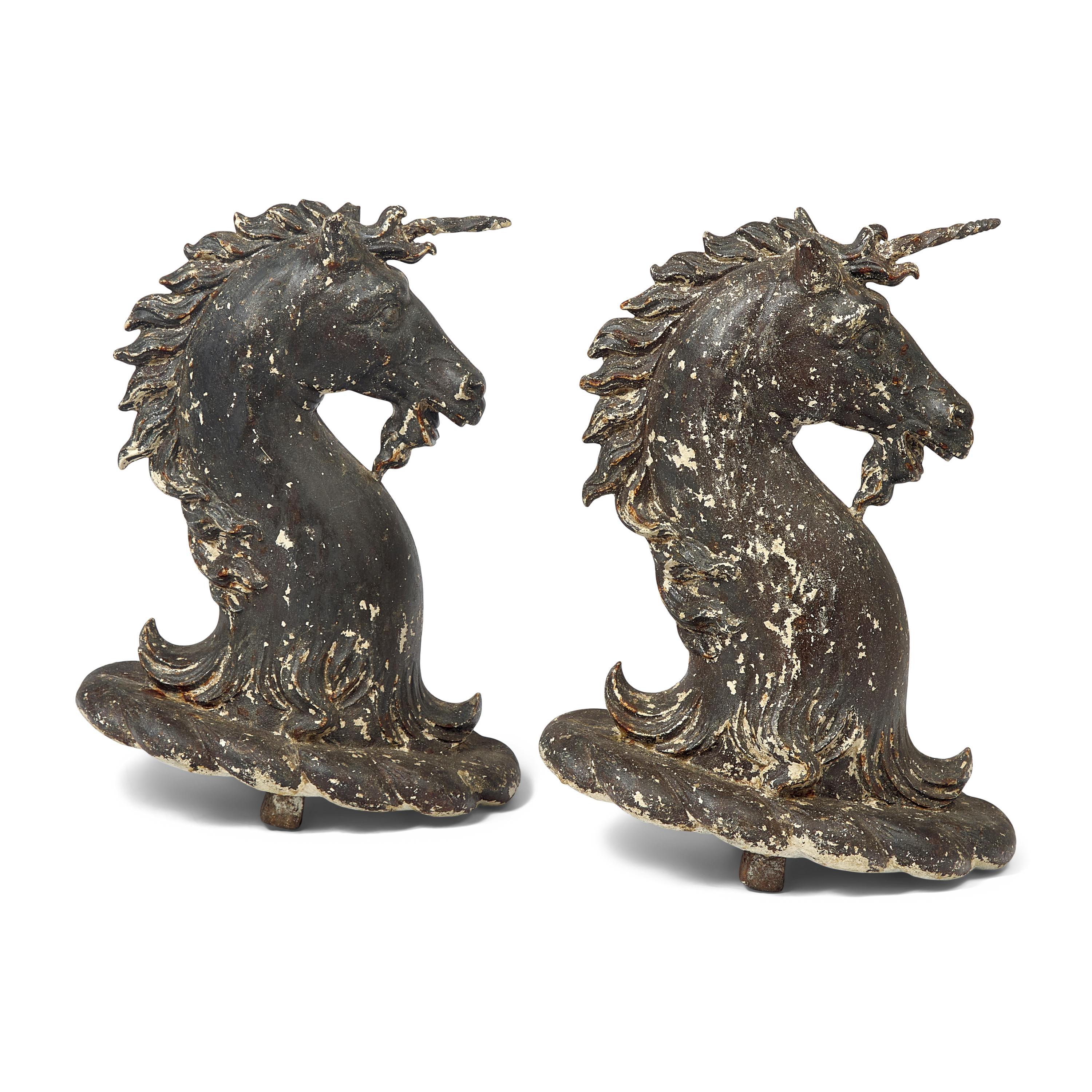 A Rare Pair of Painted Cast and Wrought-Iron Unicorn Hitching Post Finials