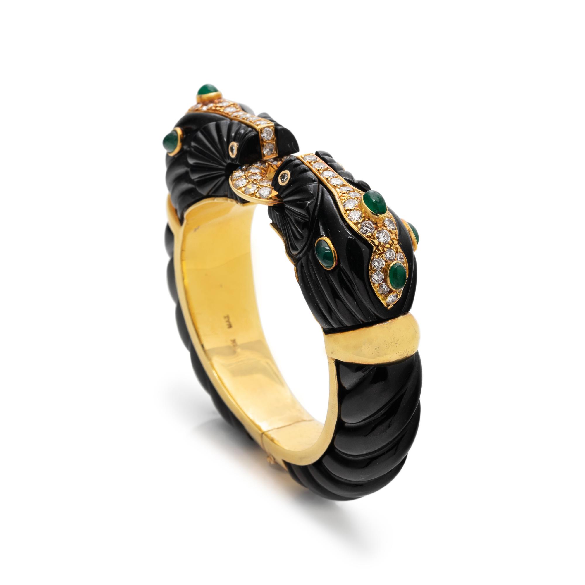 MAZ, ONYX, EMERALD AND DIAMOND BANGLE BRACELET