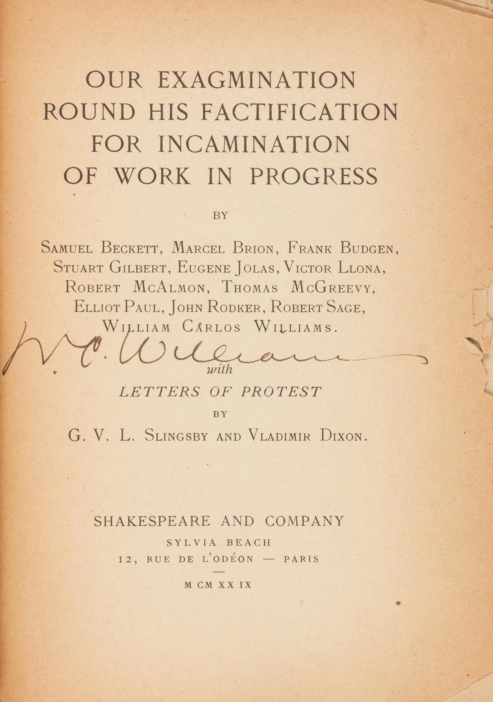 [Literature] Joyce, James, and Samuel Beckett, and William Carlos Williams, et al. Our Exagmination round his Factification for Incamination of Work in Progress