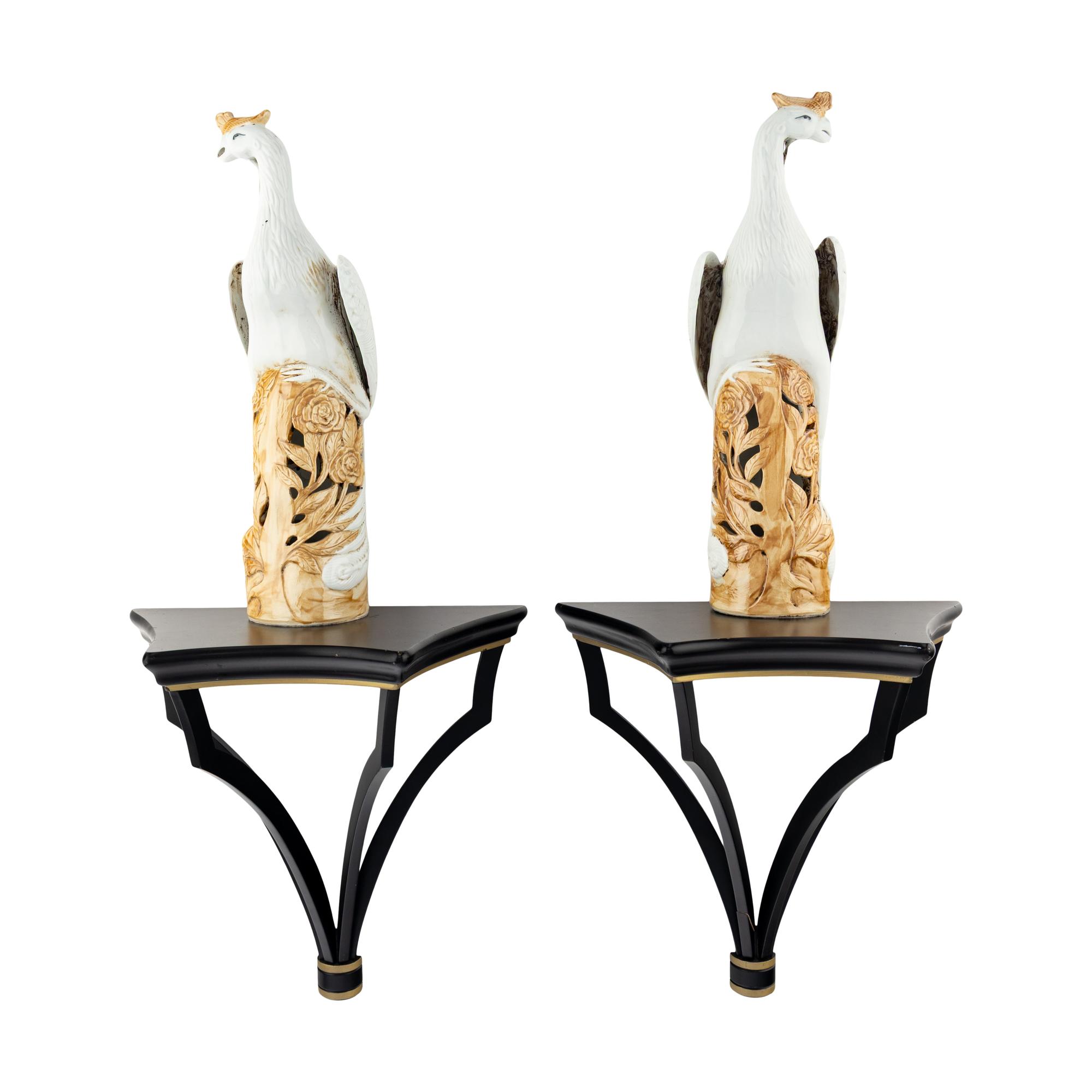 A Pair of Chinese Export Porcelain Phoenix Birds and Wall Brackets