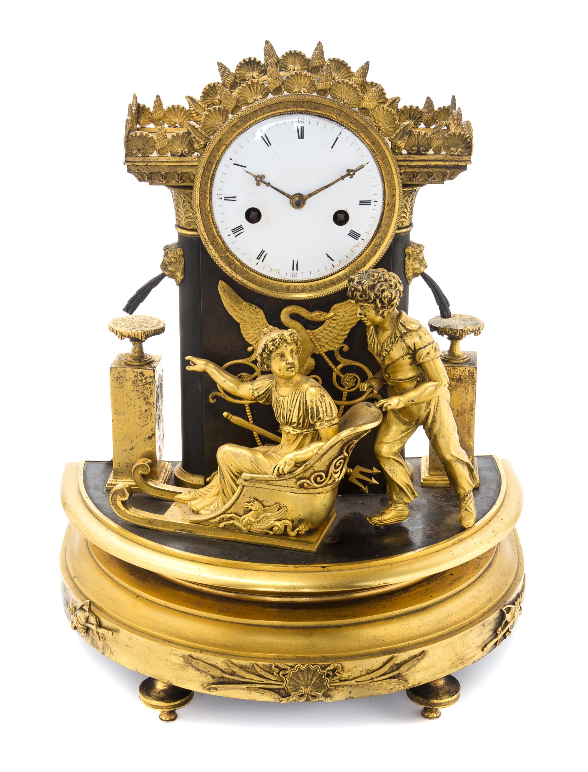 An Empire Style Gilt Bronze Mounted Mantel Clock Height 15 inches.