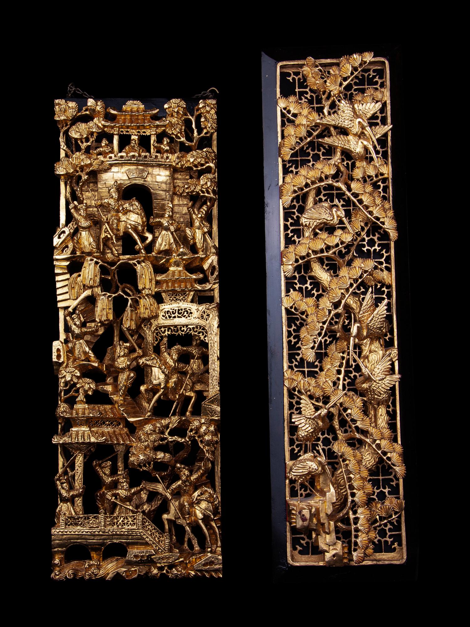 Two Chinese Gilt and Red Lacquered Wood Panels