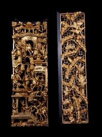 Two Chinese Gilt and Red Lacquered Wood Panels
