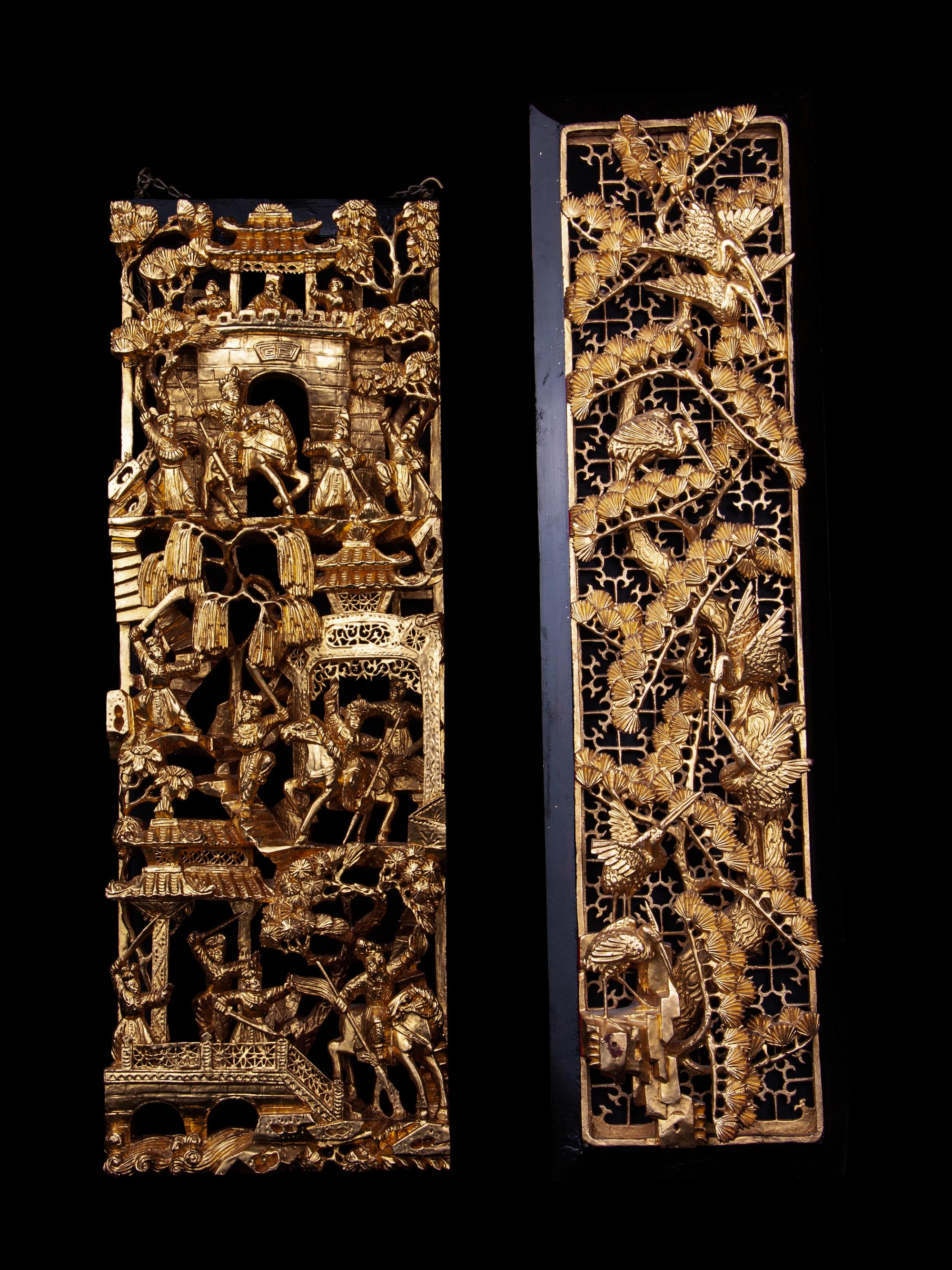 Two Chinese Gilt and Red Lacquered Wood Panels