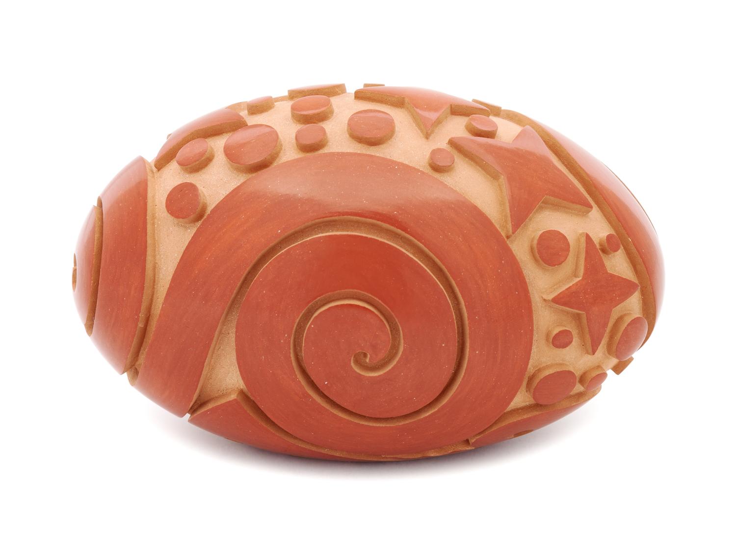 Polished and Carved Redware Pottery Vessel, with stars and swirls