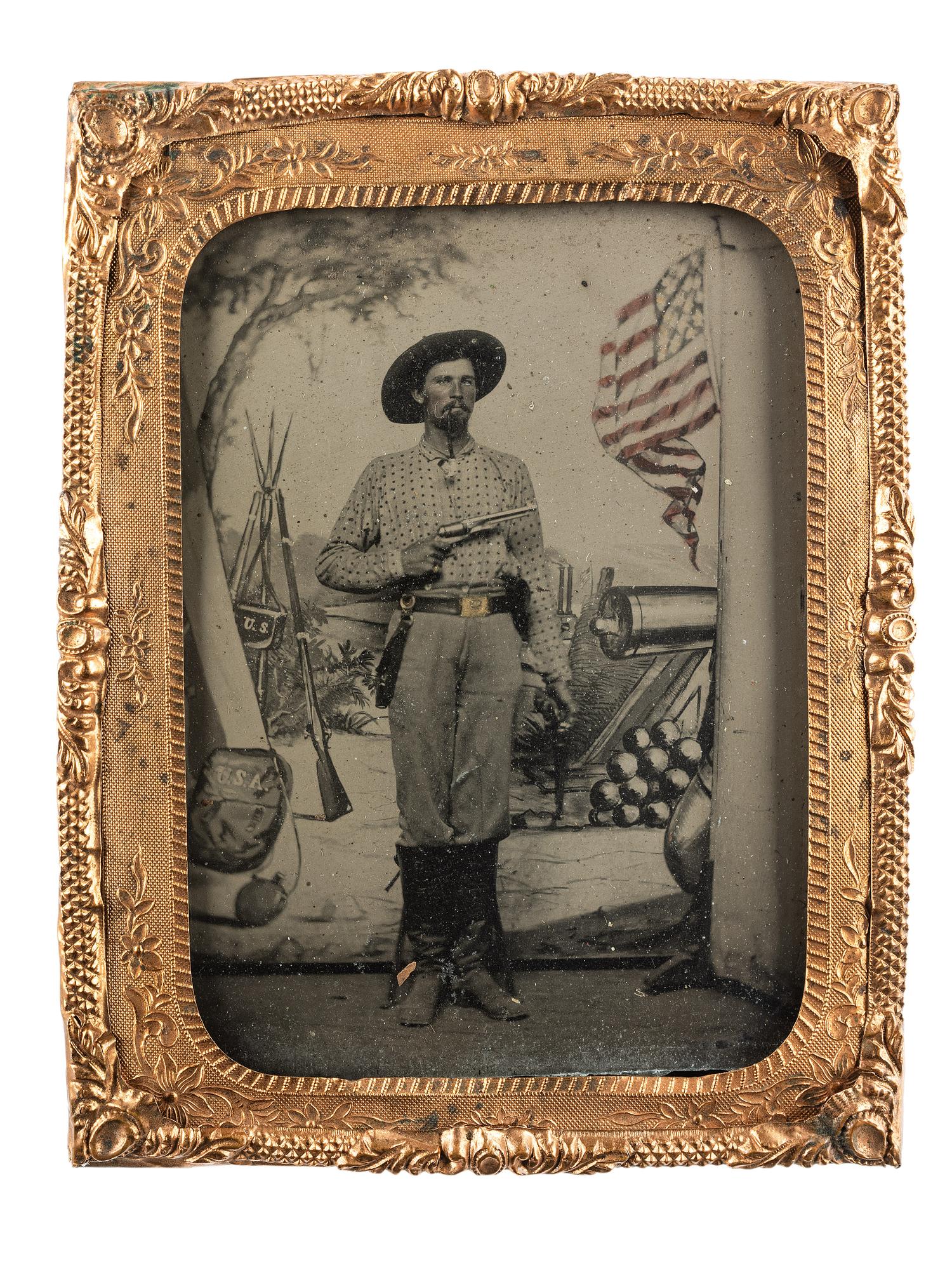 [CIVIL WAR]. [LONG, Enoch (1823-1898), photographer]. Quarter plate tintype of a Federal Cavalryman. [St. Louis, MO]: ca summer 1861.