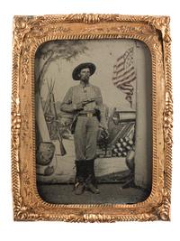 [CIVIL WAR]. [LONG, Enoch (1823-1898), photographer]. Quarter plate tintype of a Federal Cavalryman. [St. Louis, MO]: ca summer 1861.