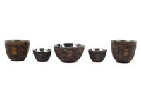Five Chinese Silver Inlaid Coconut Shell Wine Cups