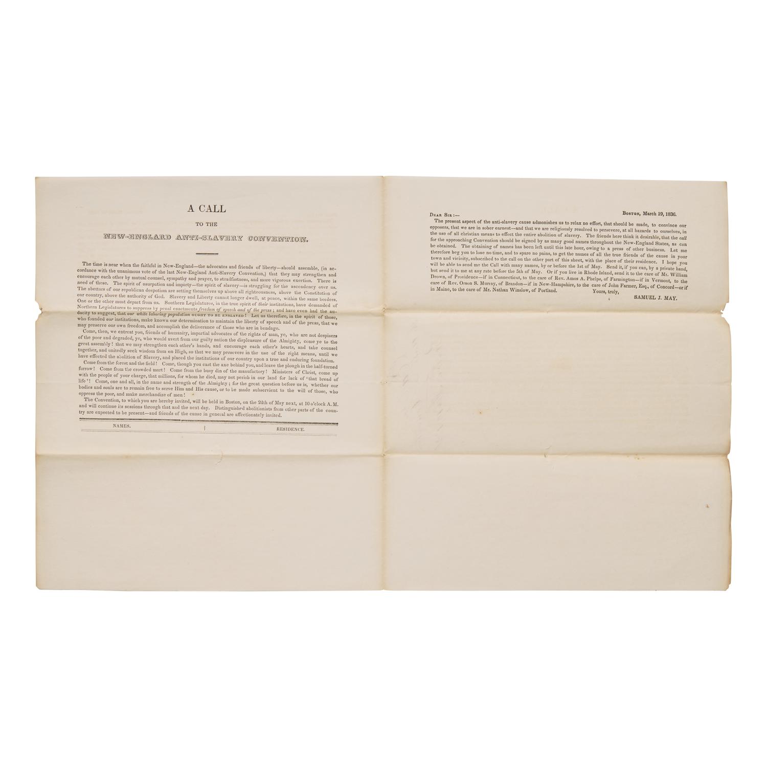 [African-Americana] May, Rev. Samuel J. Printed Invitation , " A Call to the New-England Anti Slavery Convention"