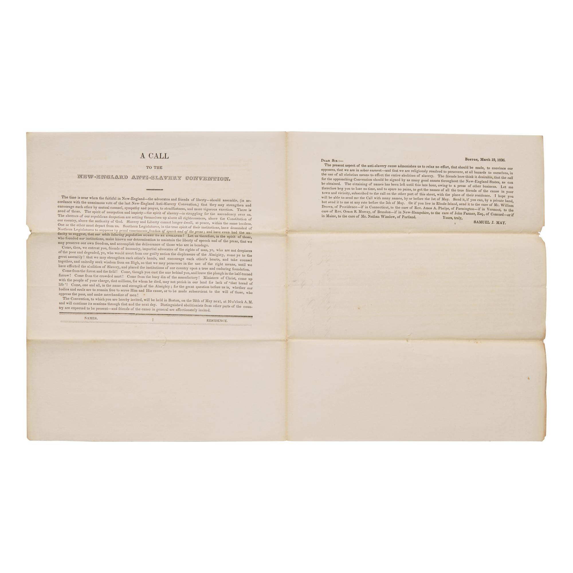 [African-Americana] May, Rev. Samuel J. Printed Invitation , " A Call to the New-England Anti Slavery Convention"