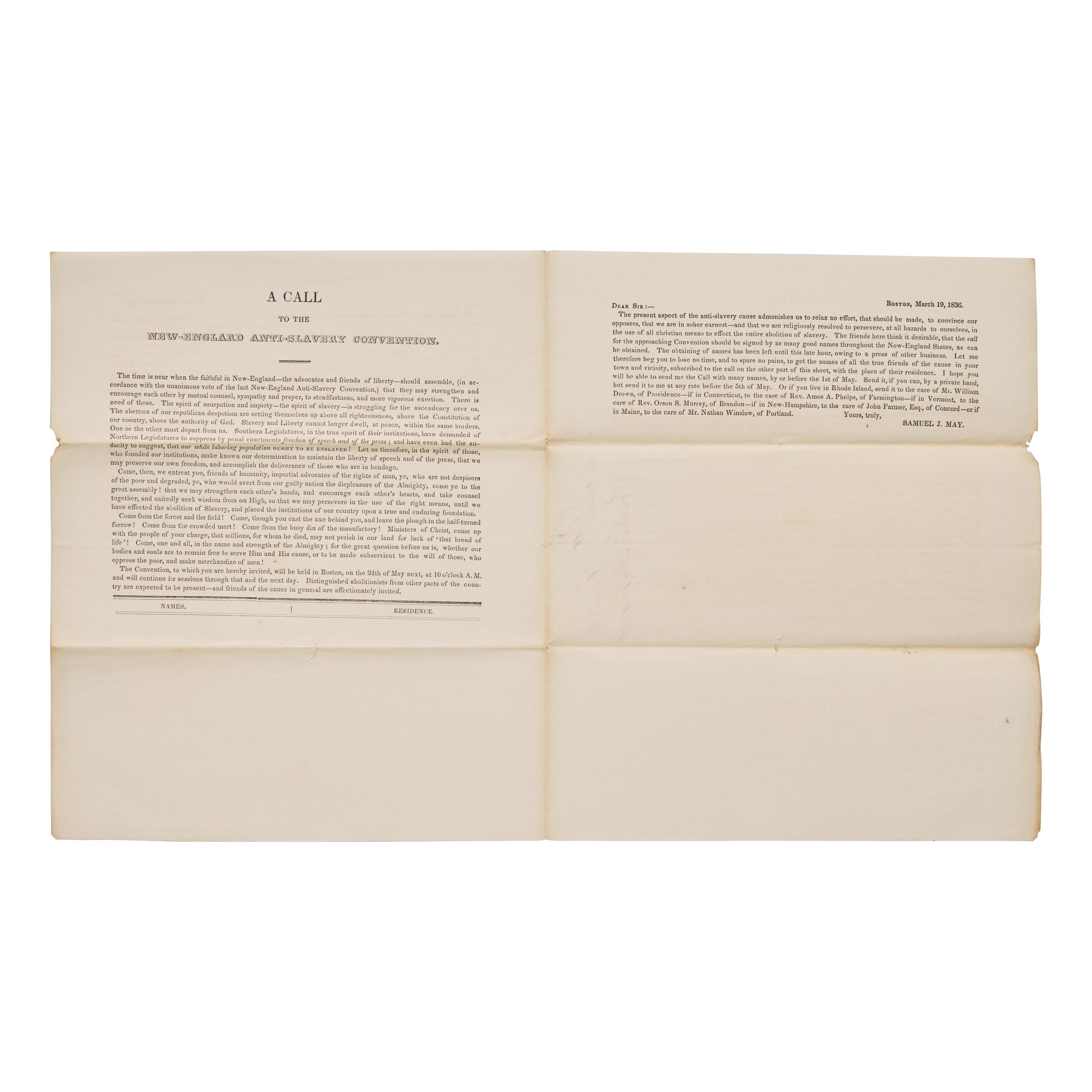 [African-Americana] May, Rev. Samuel J. Printed Invitation , " A Call to the New-England Anti Slavery Convention"