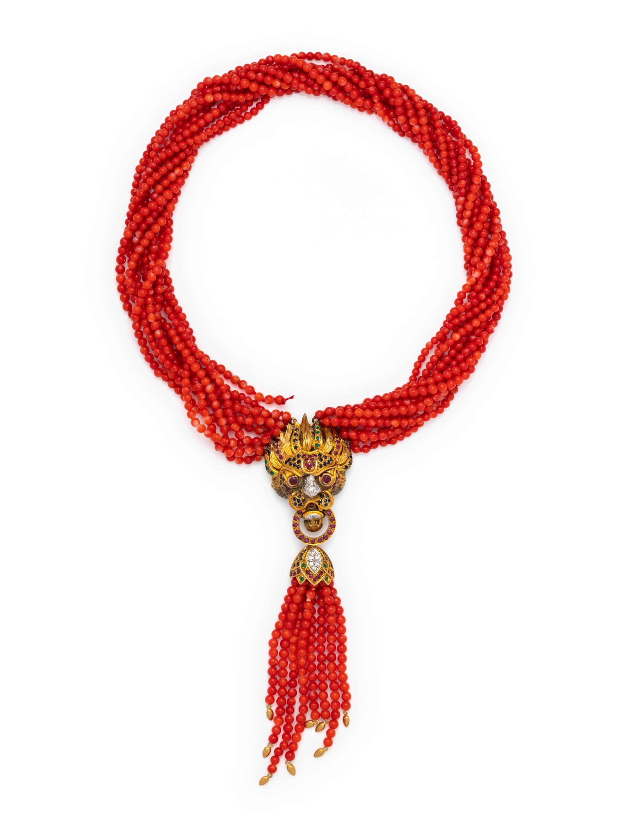 CORAL, MULTIGEM AND DIAMOND TORSADE NECKLACE