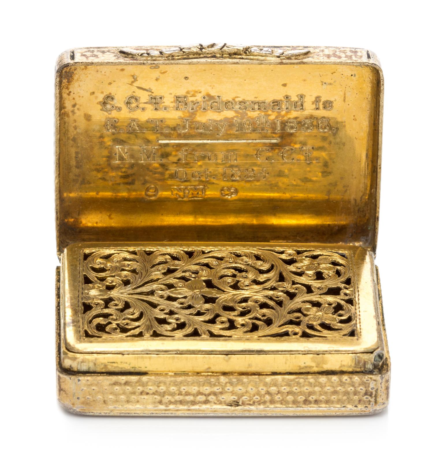 A George IV Silver Vinaigrette, Nathaniel Mills, Birmingham, 1834, the lid with engine turned decoration centered by a monogrammed cart