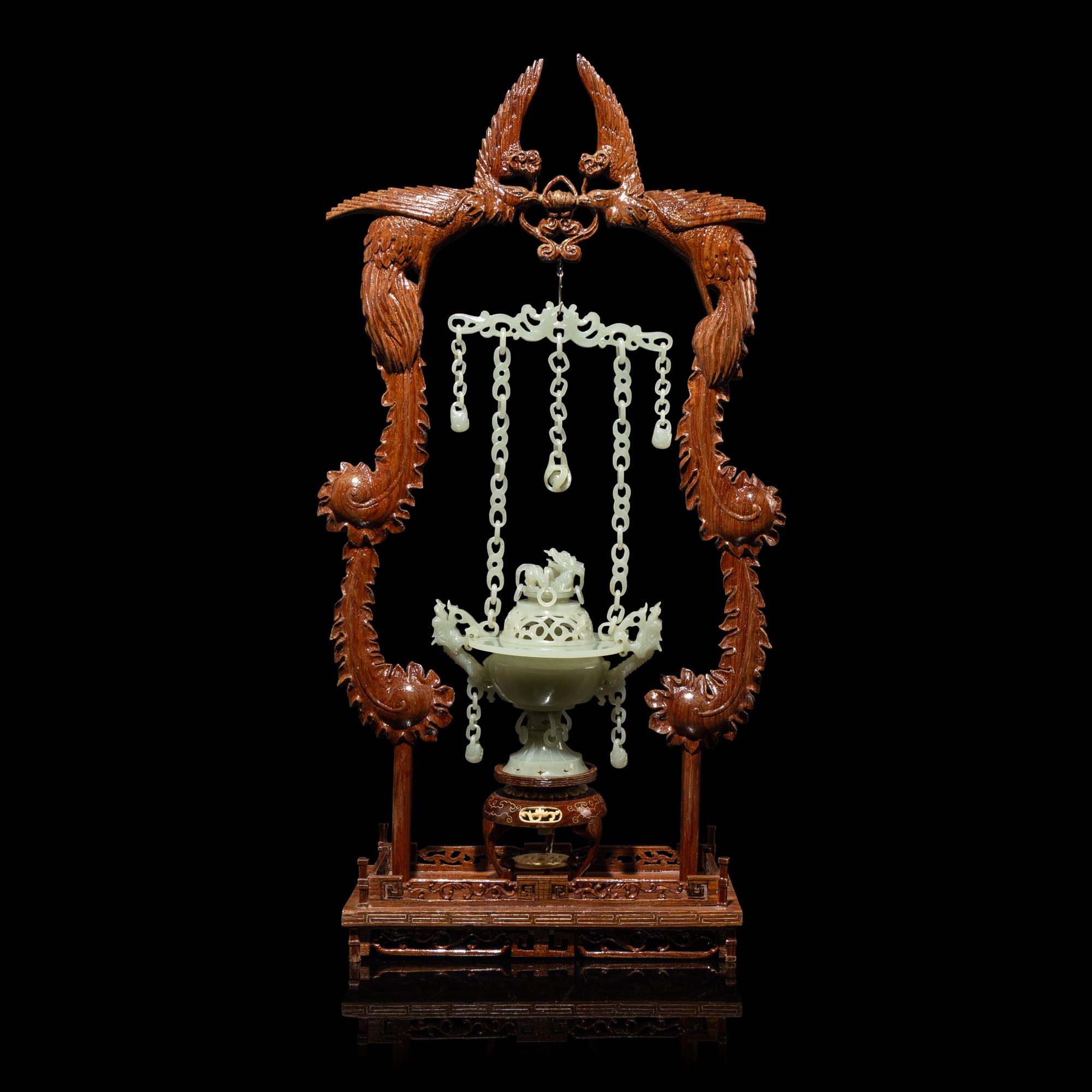 A Chinese Celadon Jade Hanging Incense Burner, 20th Century — 近代 青玉鏈式爐