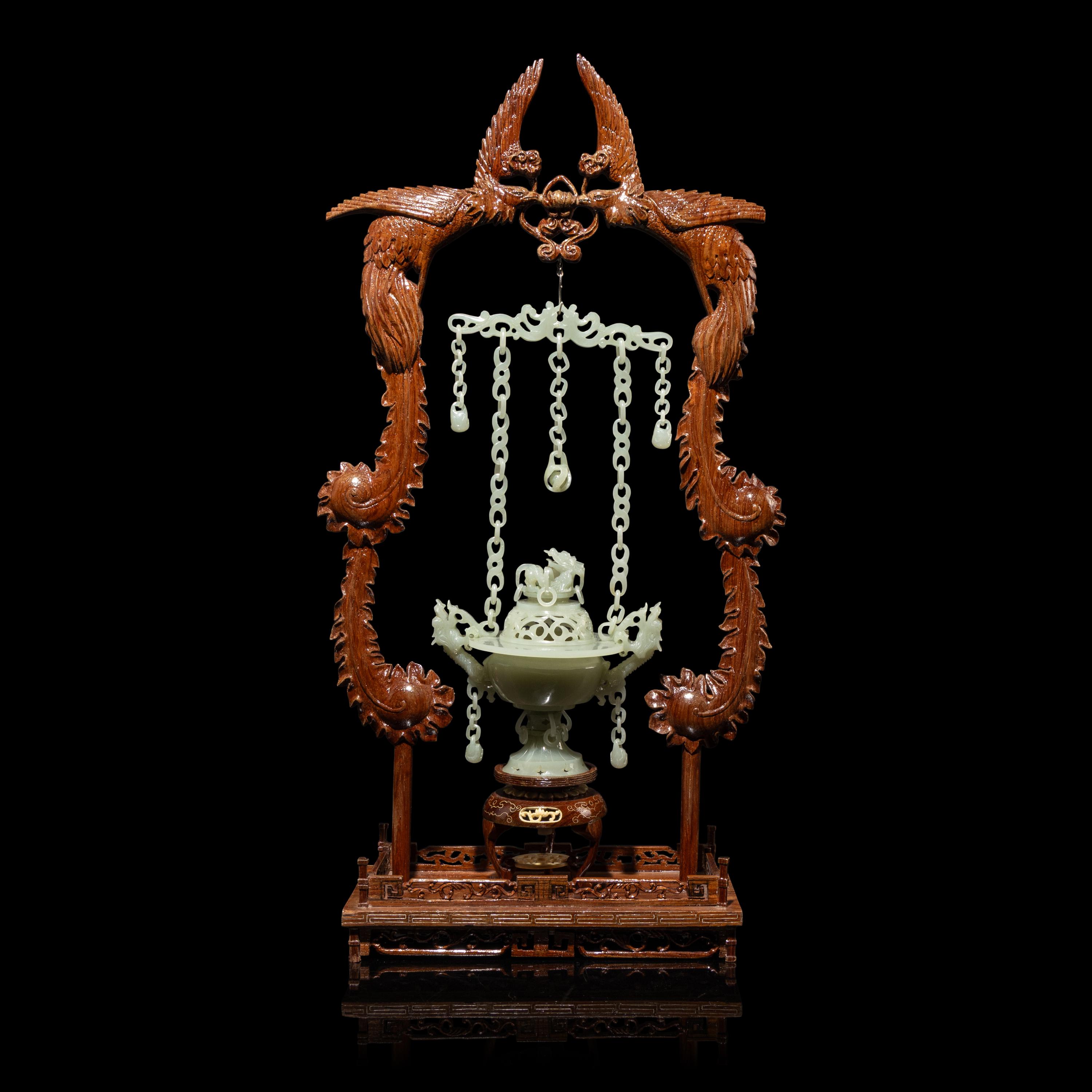 A Chinese Celadon Jade Hanging Incense Burner, 20th Century — 近代 青玉鏈式爐