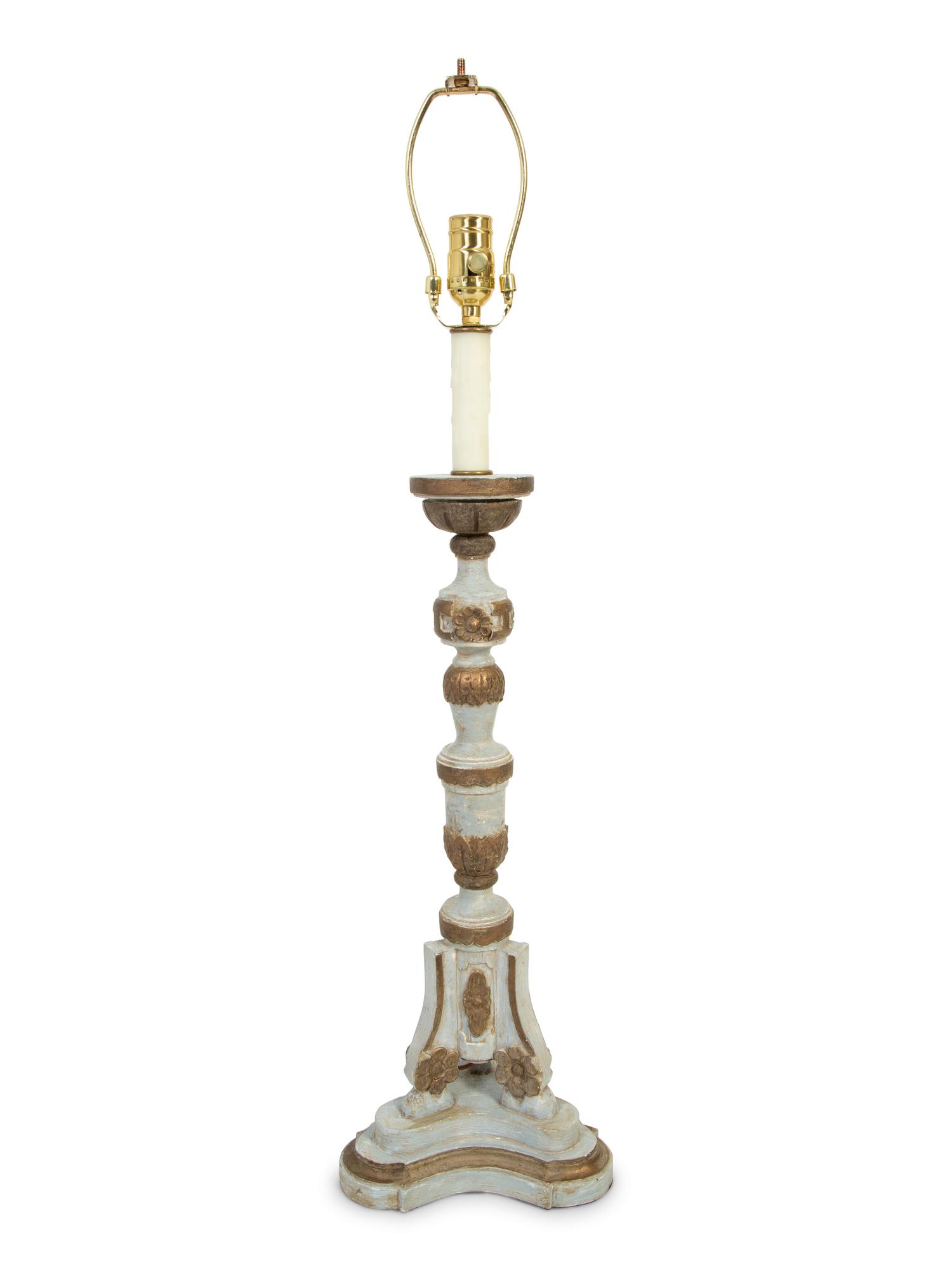 An Italian Painted and Parcel Gilt Pricket Mounted as a Lamp — 19TH/20TH CENTURY