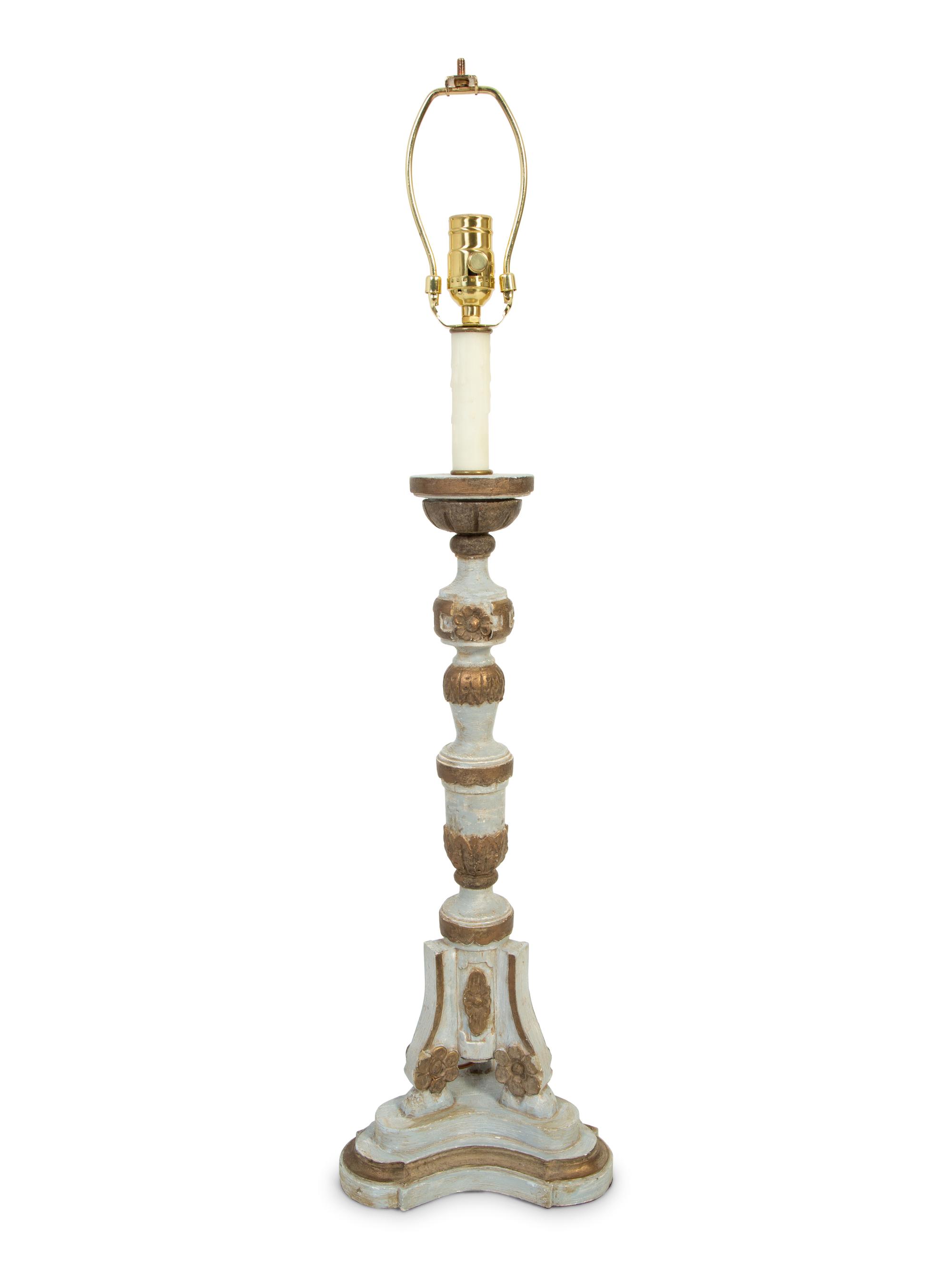 An Italian Painted and Parcel Gilt Pricket Mounted as a Lamp — 19TH/20TH CENTURY