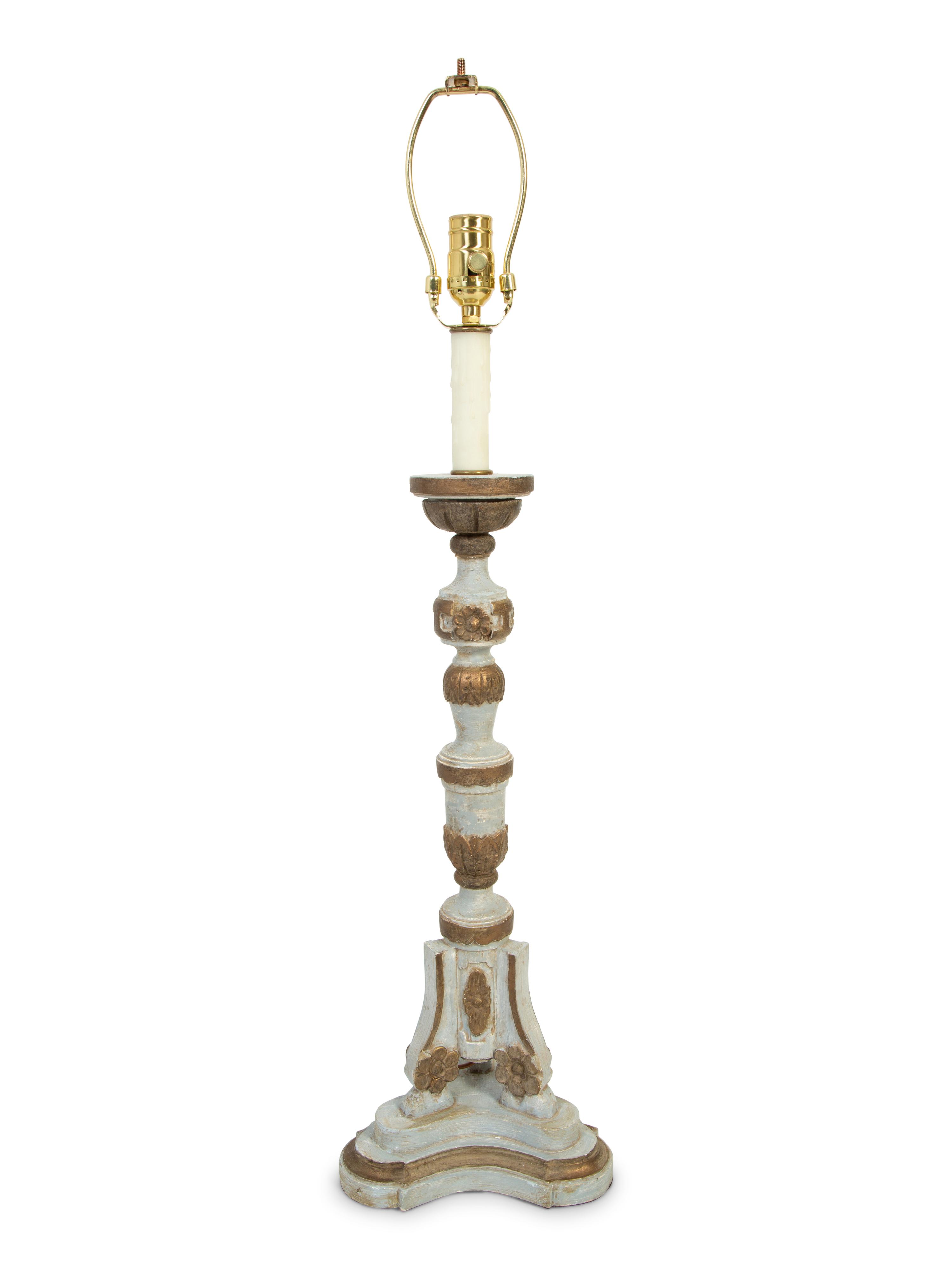 An Italian Painted and Parcel Gilt Pricket Mounted as a Lamp — 19TH/20TH CENTURY