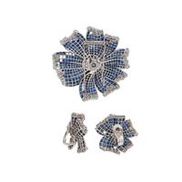 FRED, PARIS, SAPPHIRE AND DIAMOND FLOWER EARRINGS AND BROOCH