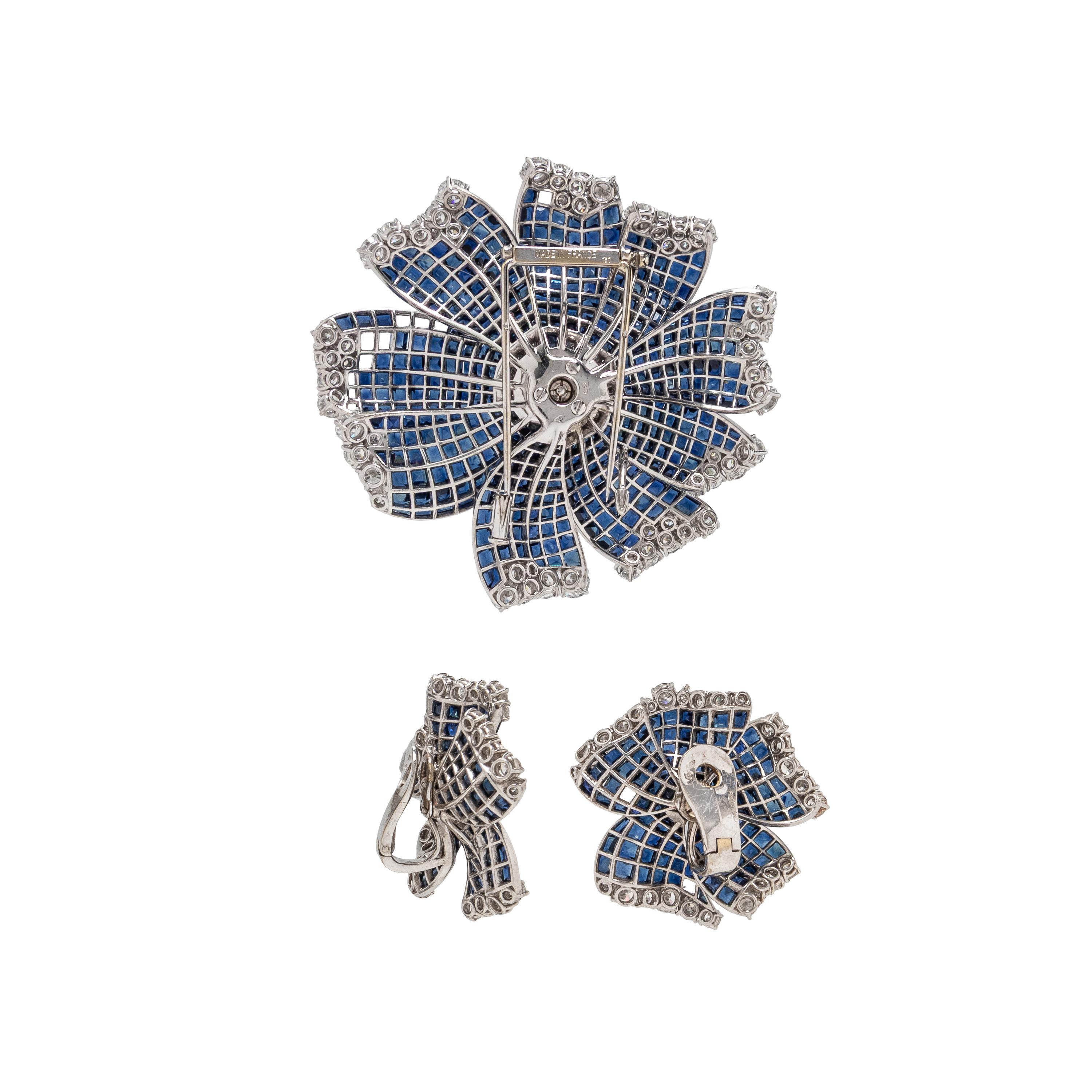 FRED, PARIS, SAPPHIRE AND DIAMOND FLOWER EARRINGS AND BROOCH