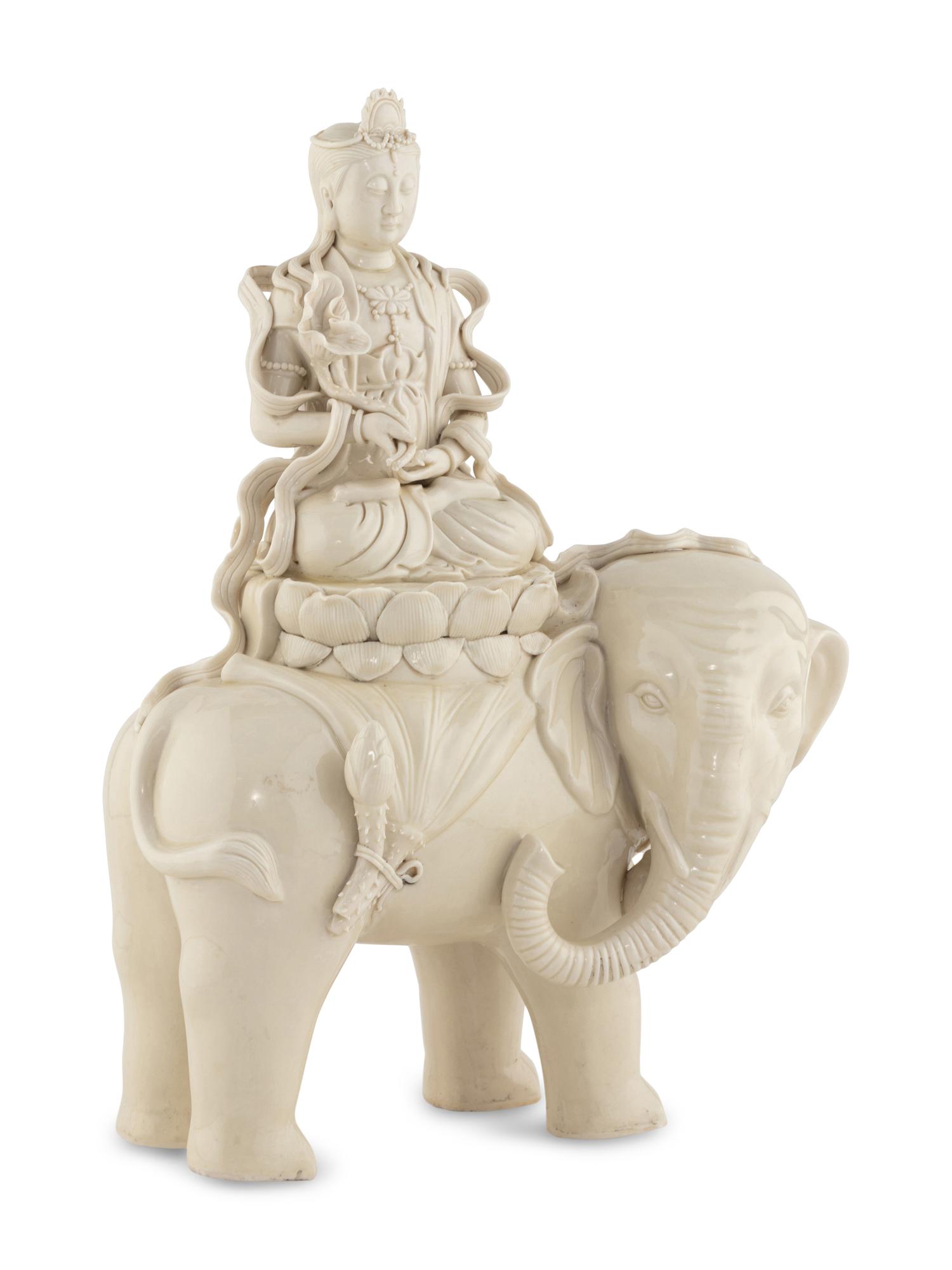 A Blanc-de-Chine Figure of Guanyin Atop an Elephant