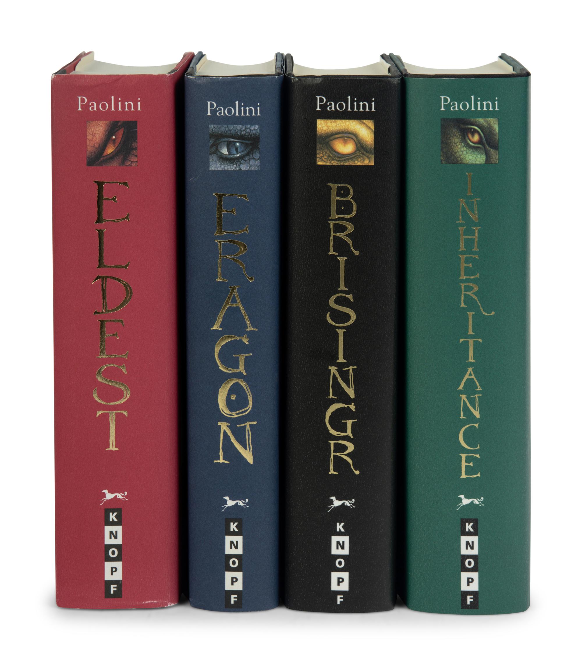 PAOLINI, Christopher (b. 1983). [The Inheritance Cycle]. Eragon . 2003. -- Eldest . 2005. -- Brisingr . 2008. -- Inheritance . 2011. All published in New York by Alfred A. Knopf.