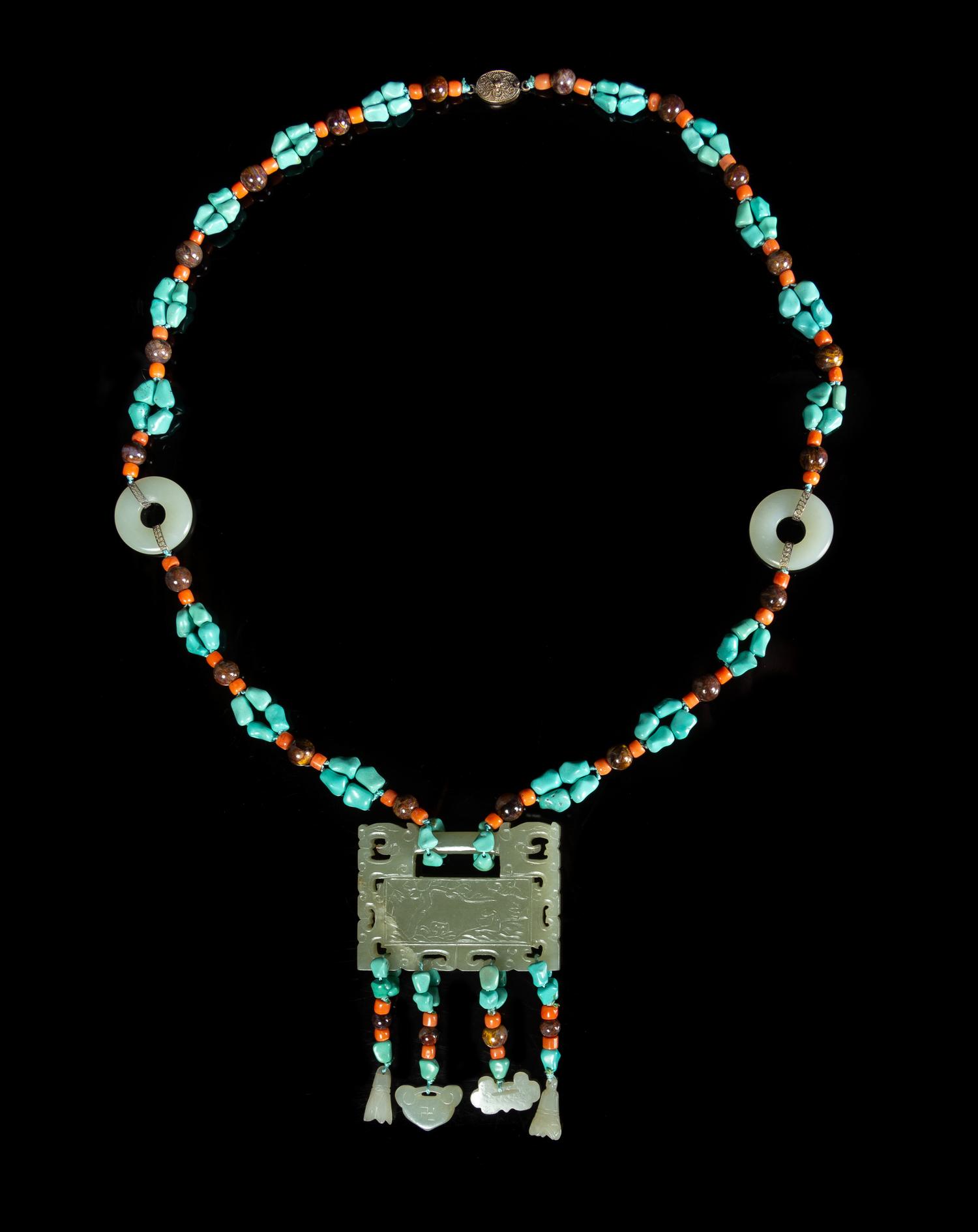 A Chinese Pale Celadon Jade and Hardstone Necklace