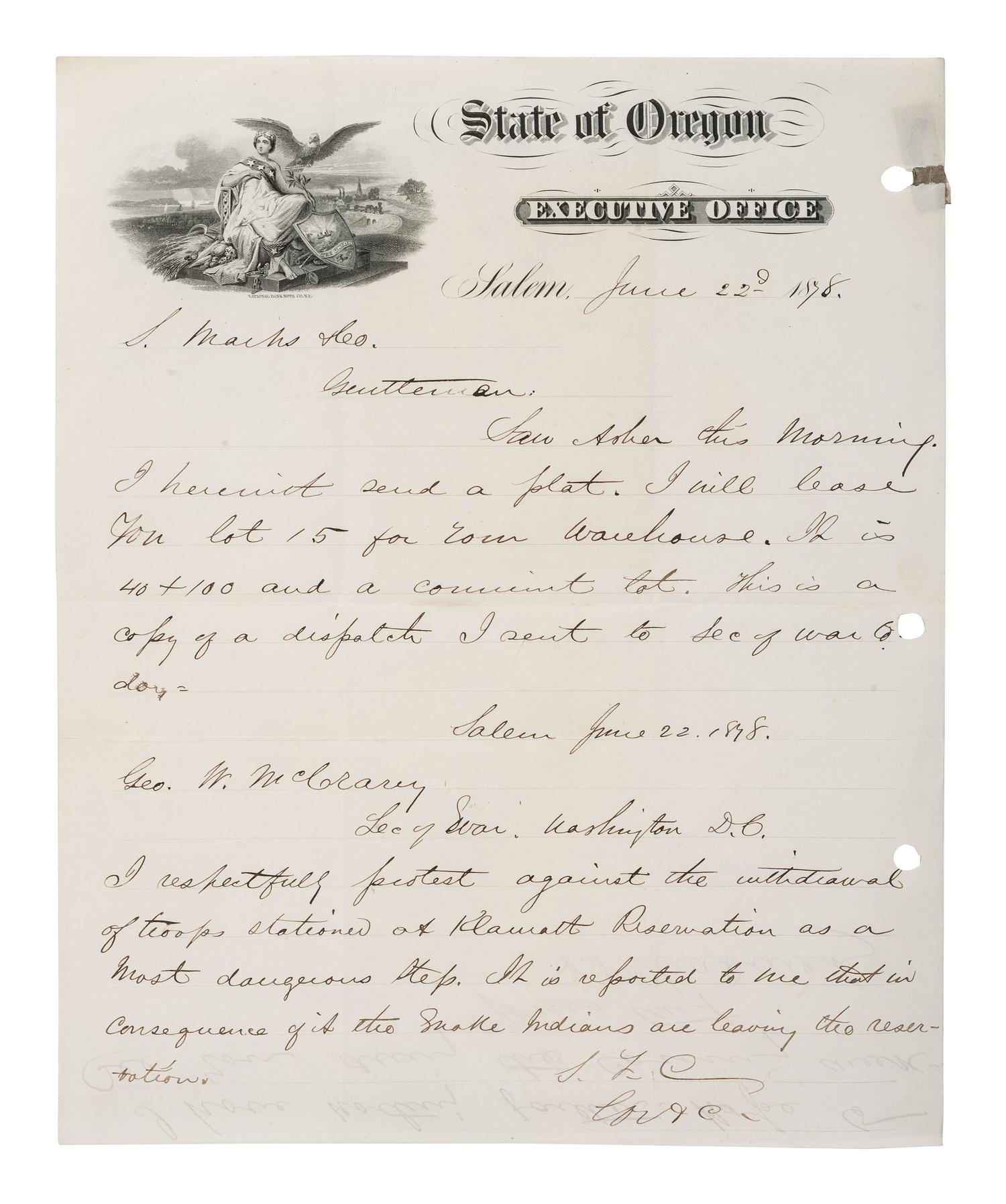[INDIAN WARS]. 1878 request not to withdraw troops from Ft. Klamath, OR, incl. ref to Snake Indians.