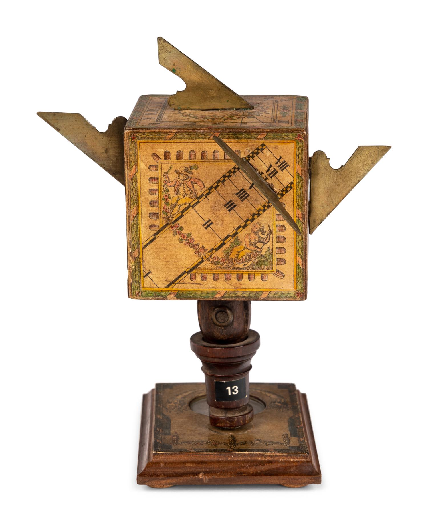 A German Fruitwood and Brass Polyhedral Portable Cube Sundial