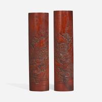 Two Chinese carved bamboo wrist rests 竹雕臂搁两件 Shaoxi mark ???