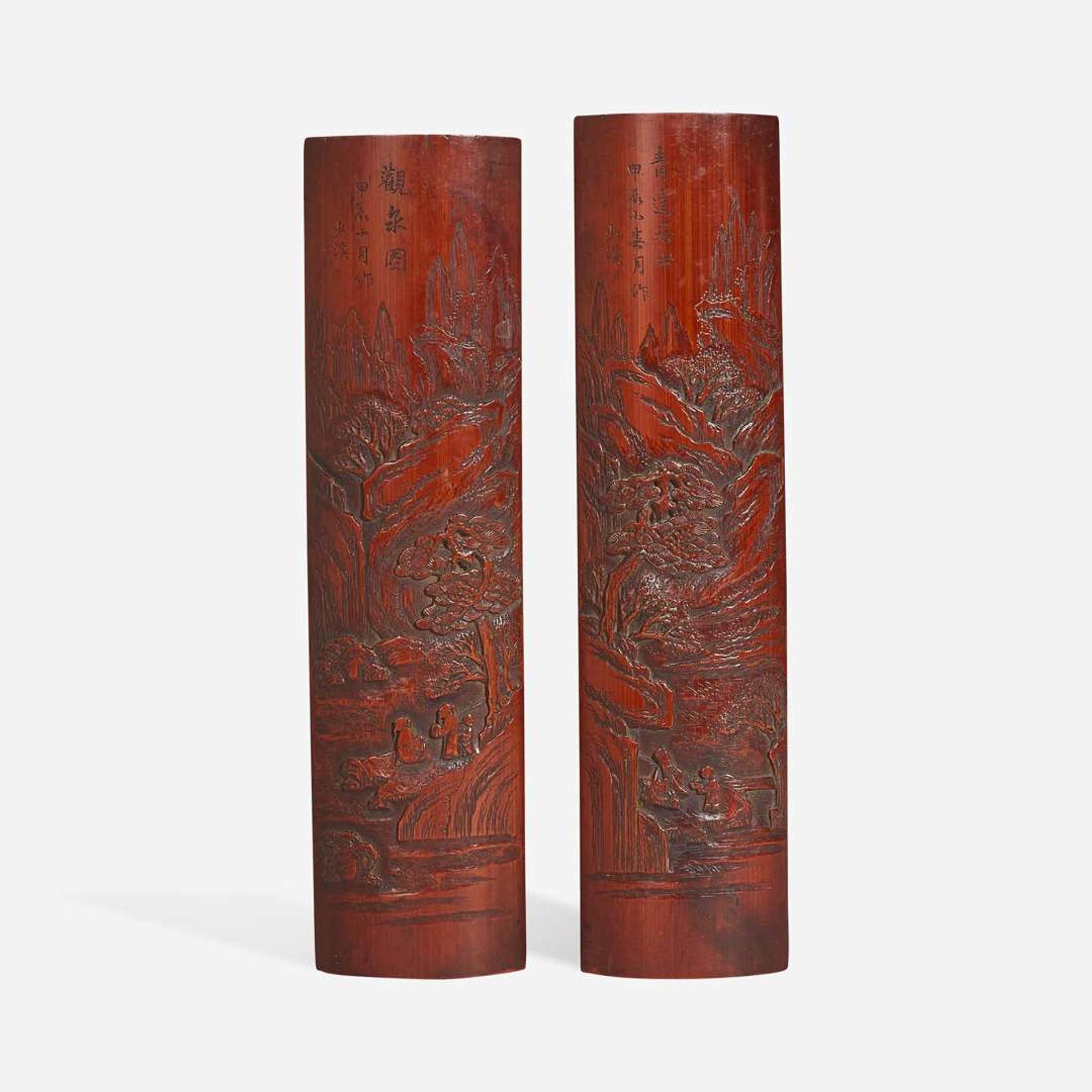 Two Chinese carved bamboo wrist rests 竹雕臂搁两件 Shaoxi mark ???