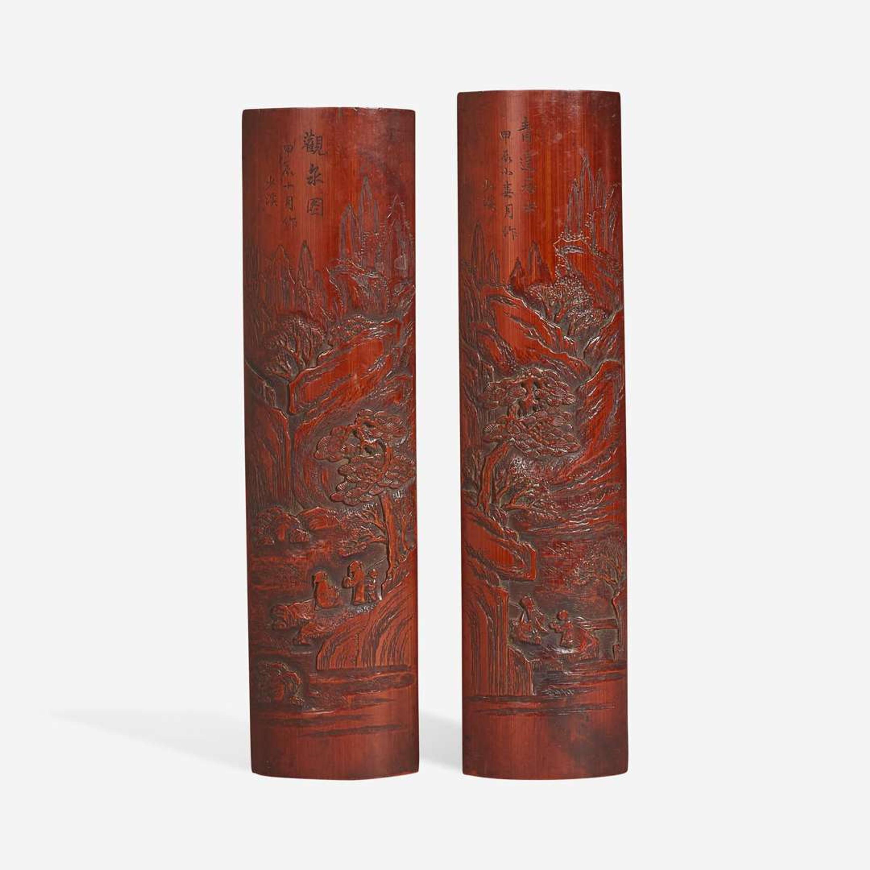 Two Chinese carved bamboo wrist rests 竹雕臂搁两件 Shaoxi mark ???