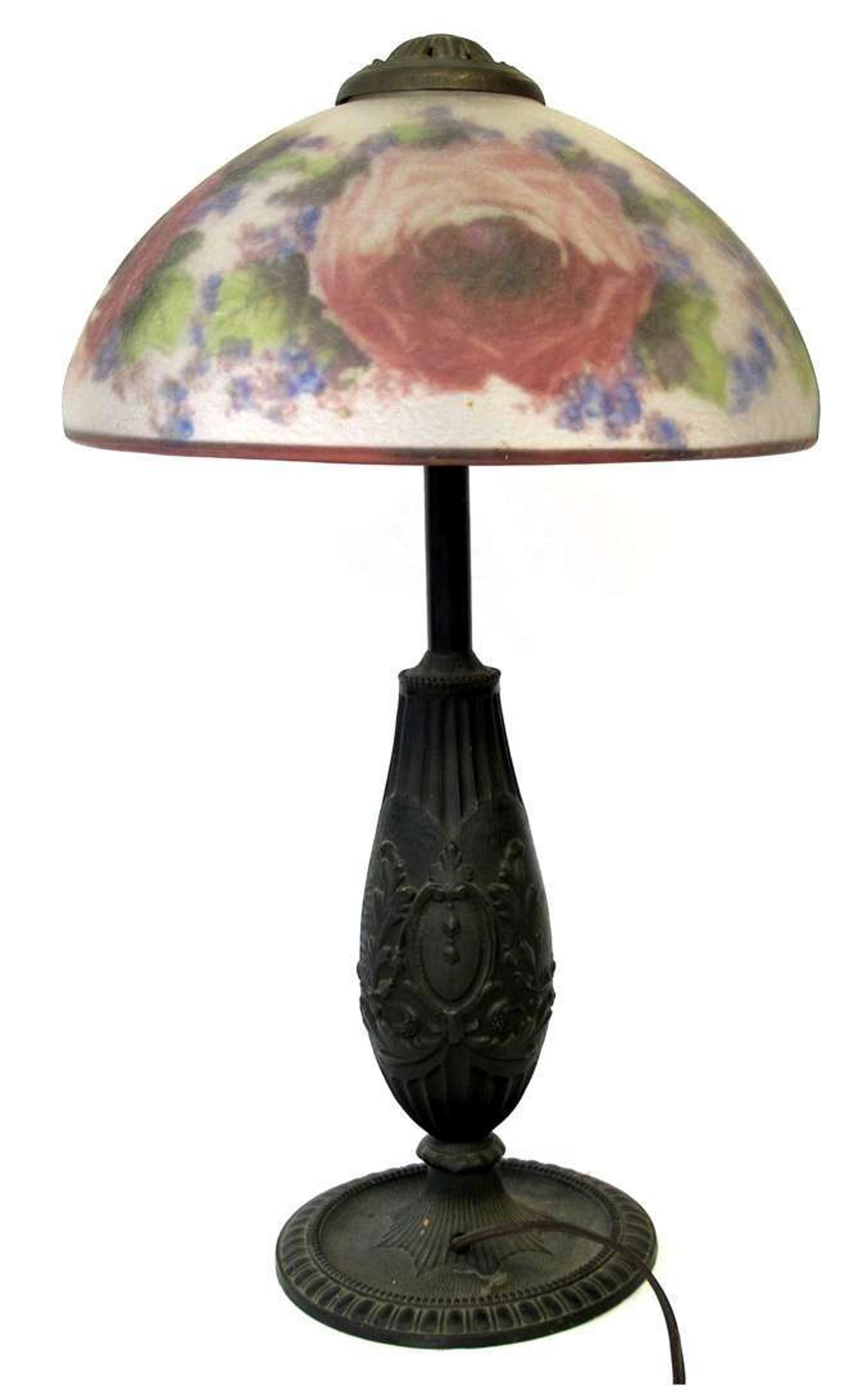 Reverse-painted bronze table lamp late 19th/early 20th century