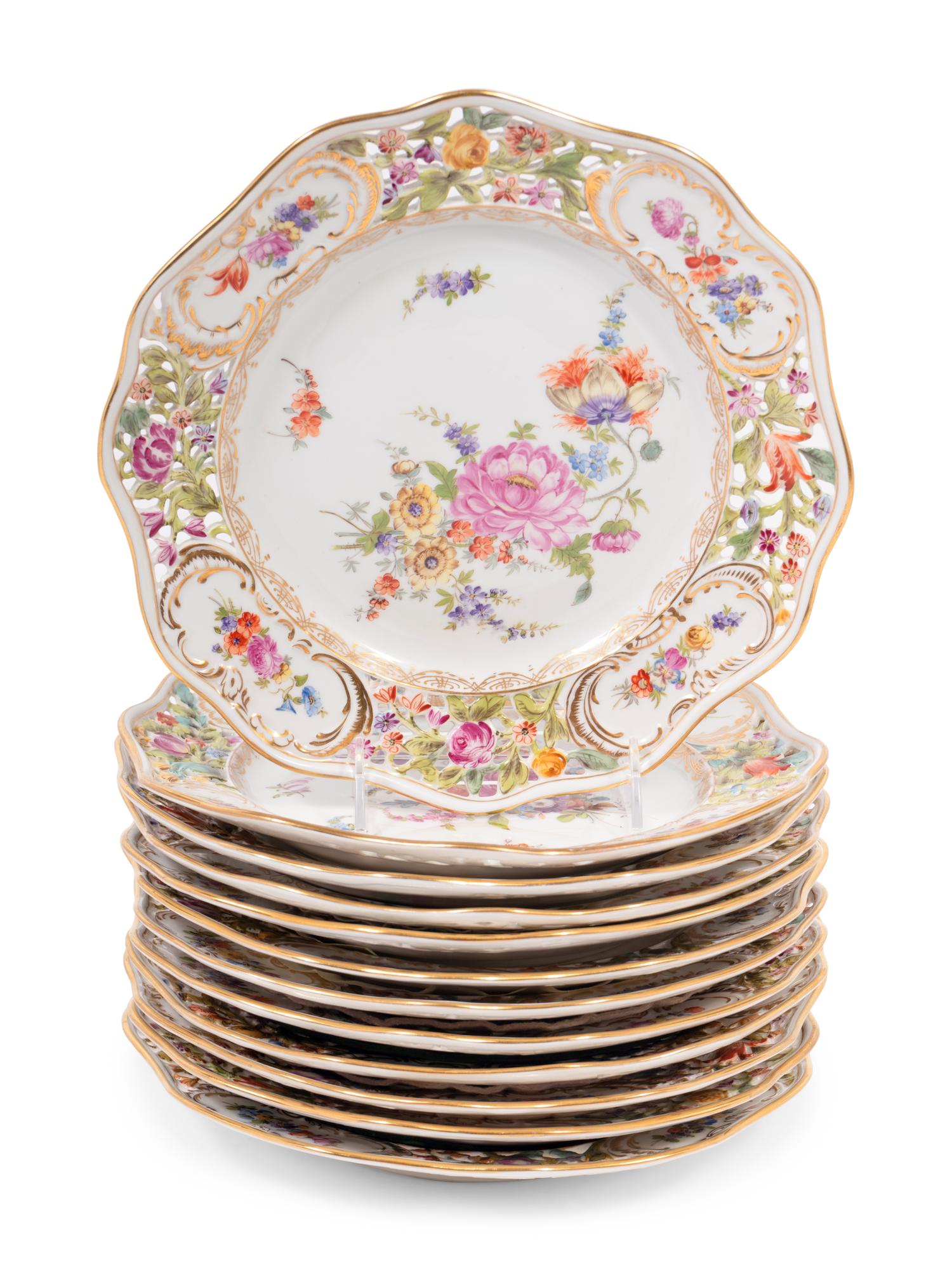 A Set of Twelve Dresden Hand-Painted Porcelain Plates