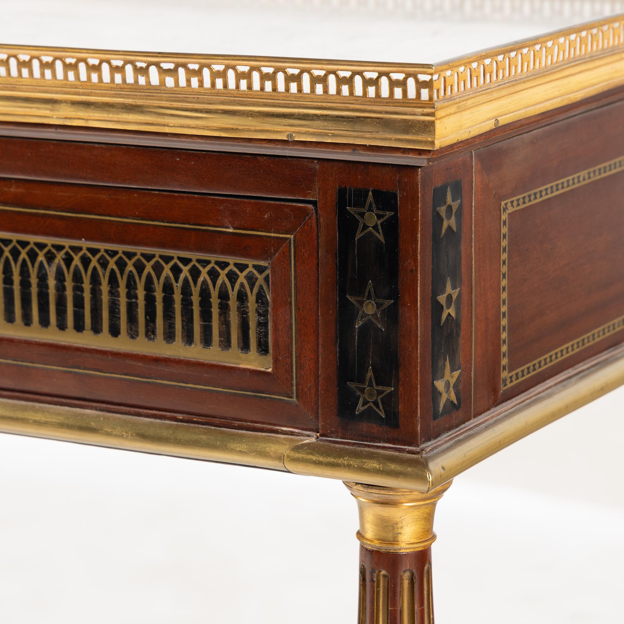 A Directoire Mahogany and Brass Inlaid Marble-Top Serving Table