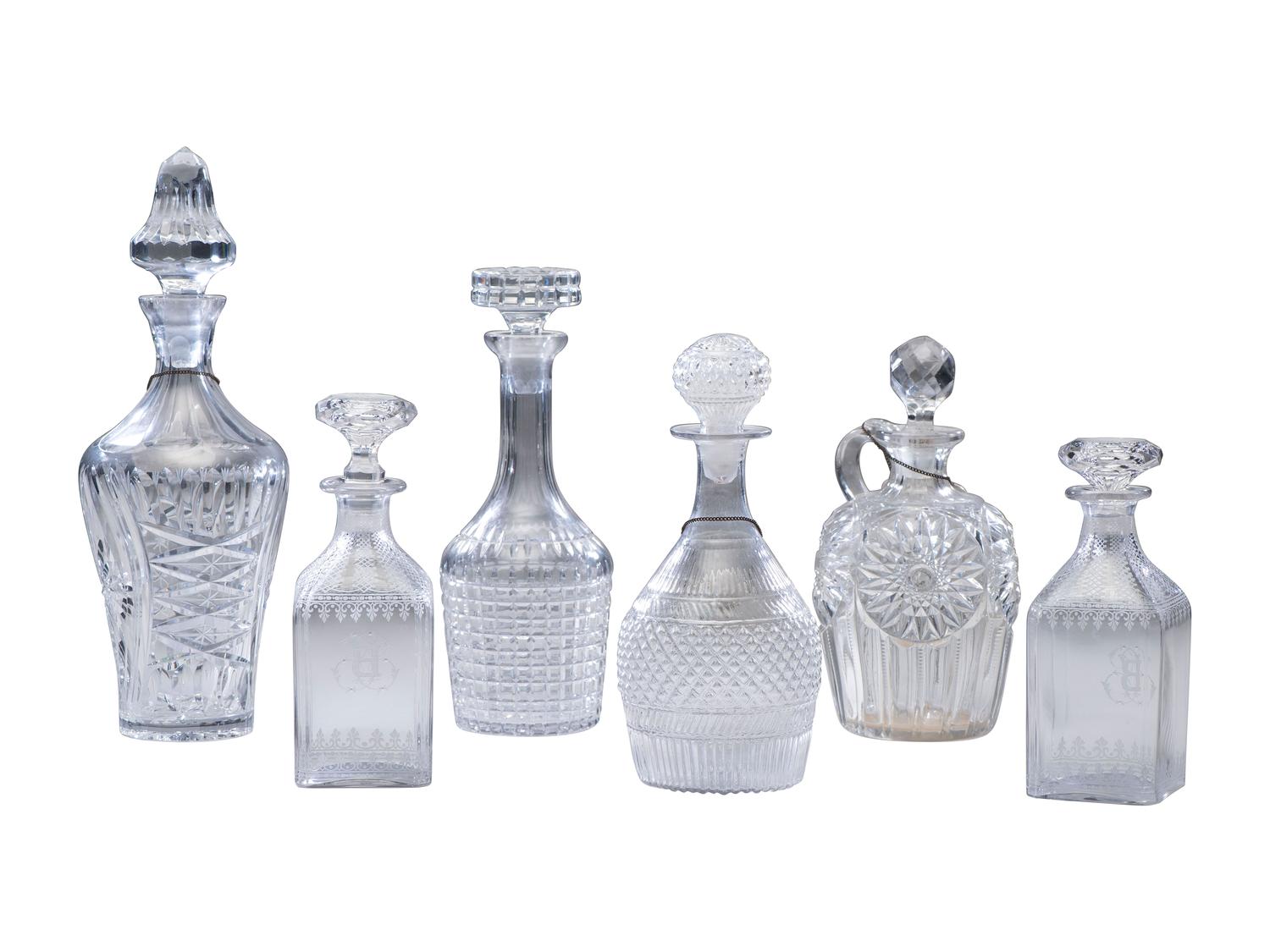 Six Cut and Etched Glass Decanters