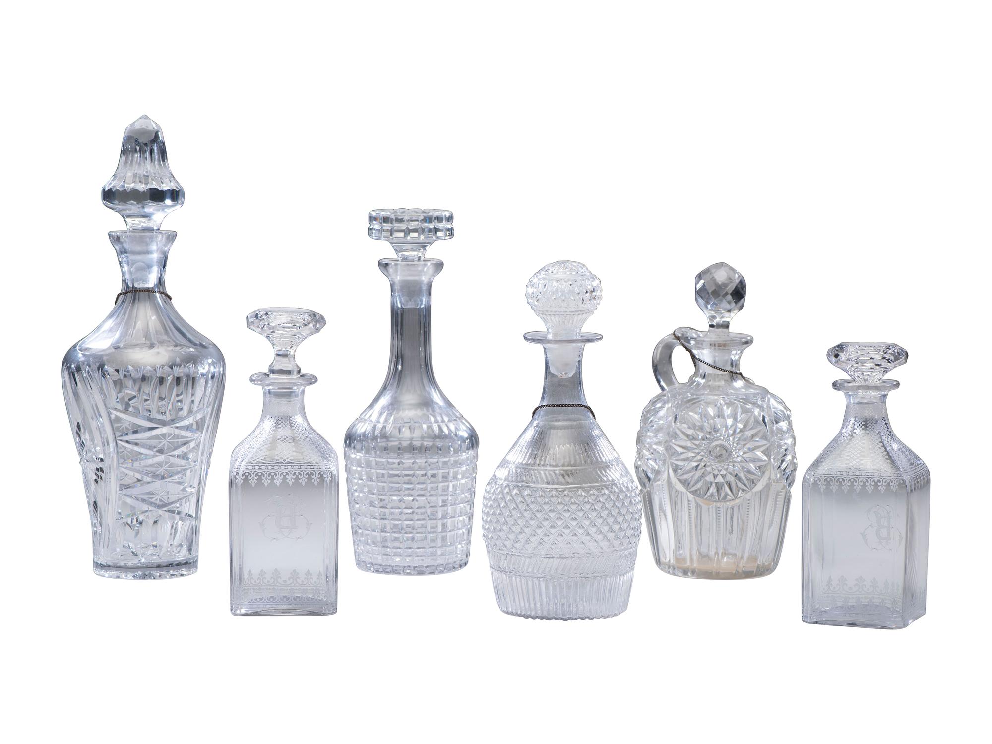 Six Cut and Etched Glass Decanters
