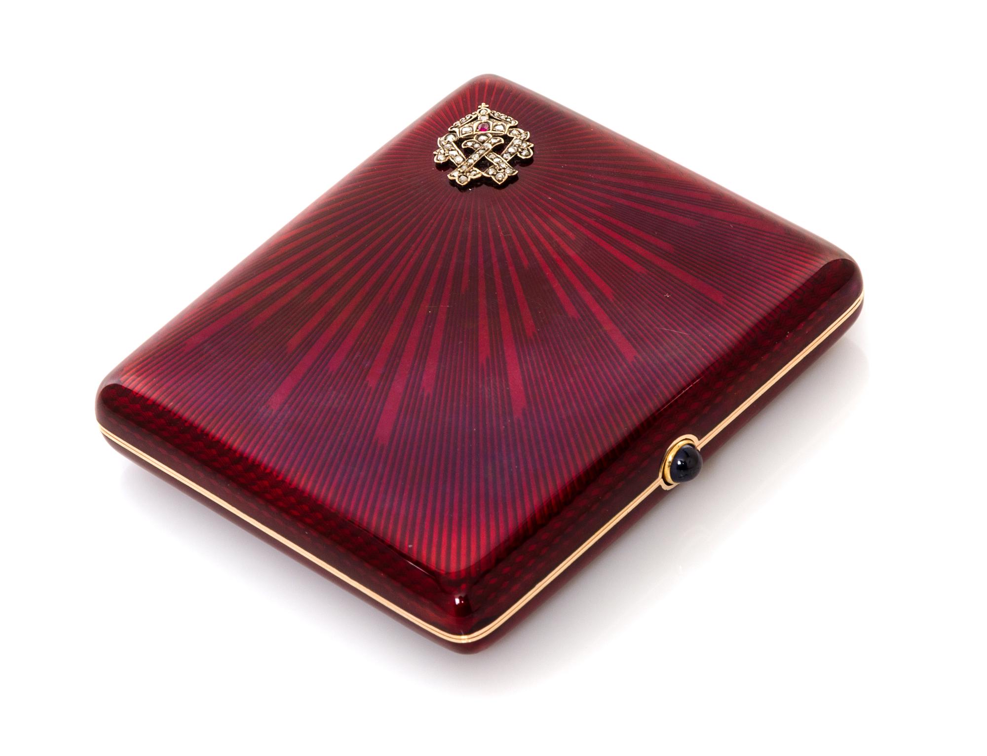 A Gold and Guilloche Enamel Cigarette Case, Probably Russian, the case with allover red enamel against an engine turned and radially en