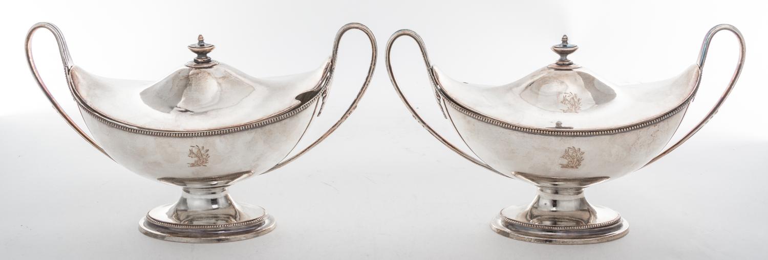 A Pair of Sheffield-plate Sauce Tureens and Covers, Circa 1790s, oval boat form with beaded borders, engraved on bodies and covers with
