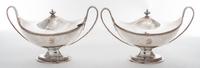 A Pair of Sheffield-plate Sauce Tureens and Covers, Circa 1790s, oval boat form with beaded borders, engraved on bodies and covers with