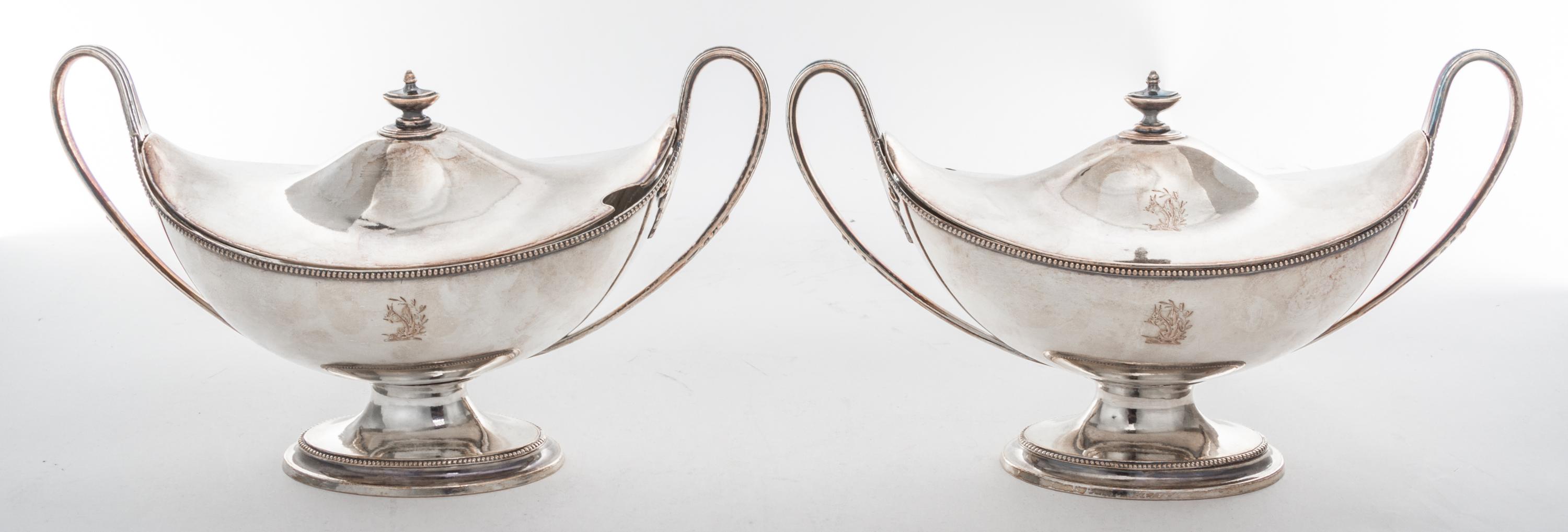A Pair of Sheffield-plate Sauce Tureens and Covers, Circa 1790s, oval boat form with beaded borders, engraved on bodies and covers with